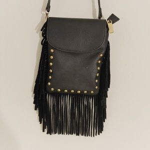 Black leather cross body purse with fringe